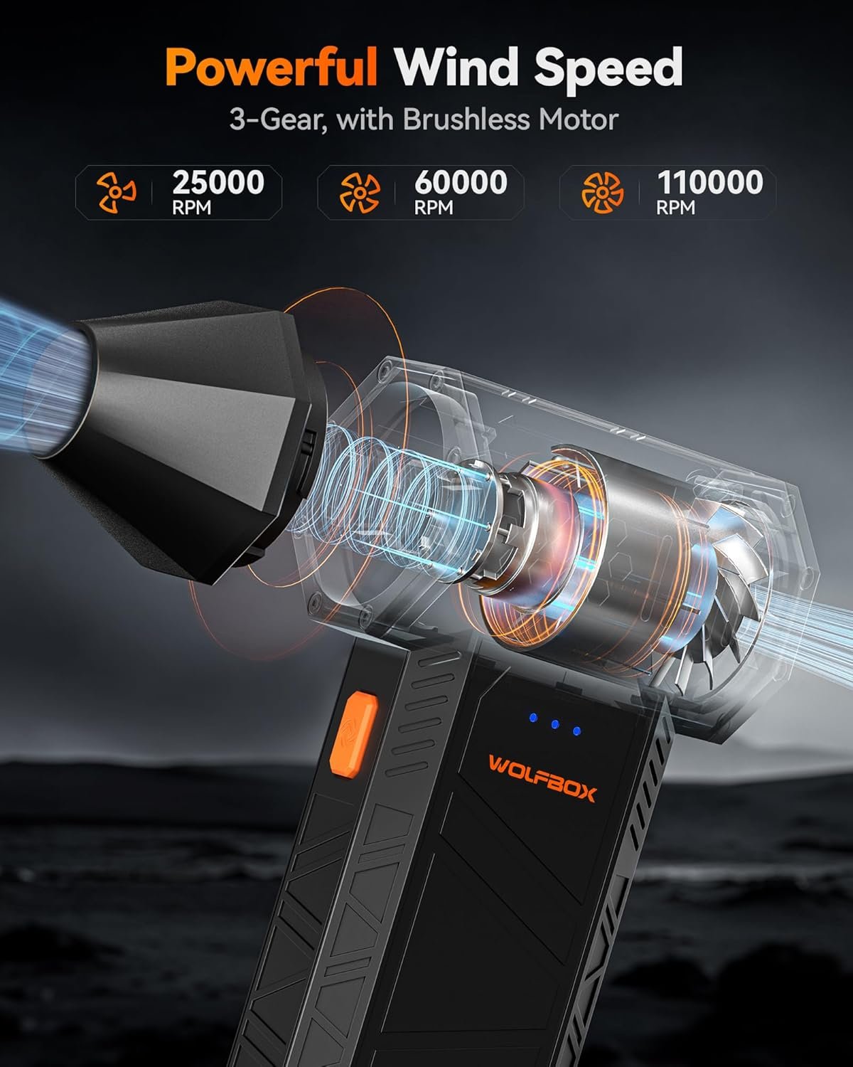 WOLFBOX MF50 Electric Air Duster-110000RPM Super Power Cordless Air Duster, 3-Gear Adjustable Mini Blower with Rechargeable Battery, Dust Blower for Computer, Keyboard, House, Outdoor and Car - Image 3